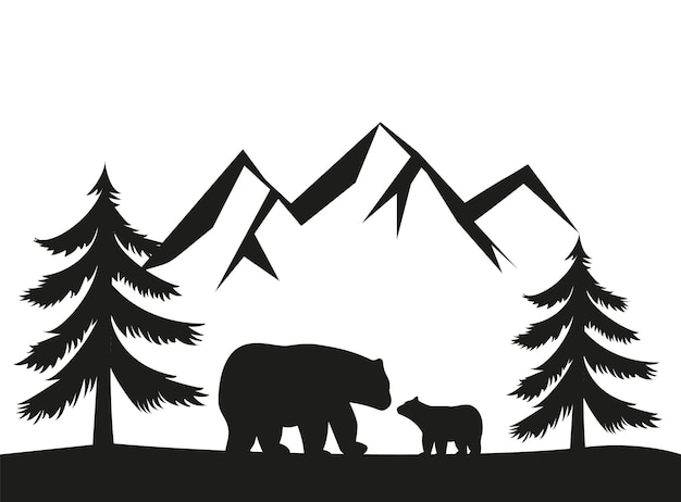Vektor vektor doppelbelichtung bär für ihr design wildlife-konzept silhouette des bären stehend auf grashügel berge und wald im hintergrund magische landschaft bäume tier