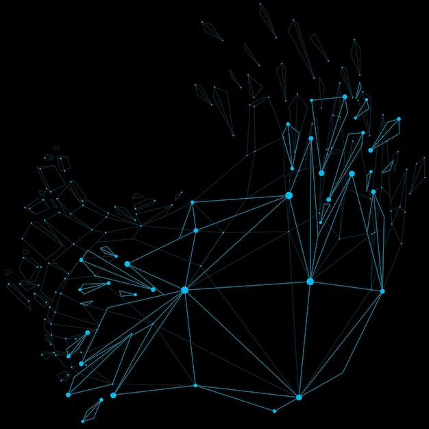 Vektor-Drahtgitter-Lumineszenzobjekt mit blau verbundenen gepunkteten Linien, zerstörte Form mit Brechungen und Trümmern. Globales Technologieelement des dimensionalen Netzes, das in Partikel zerlegt wird.