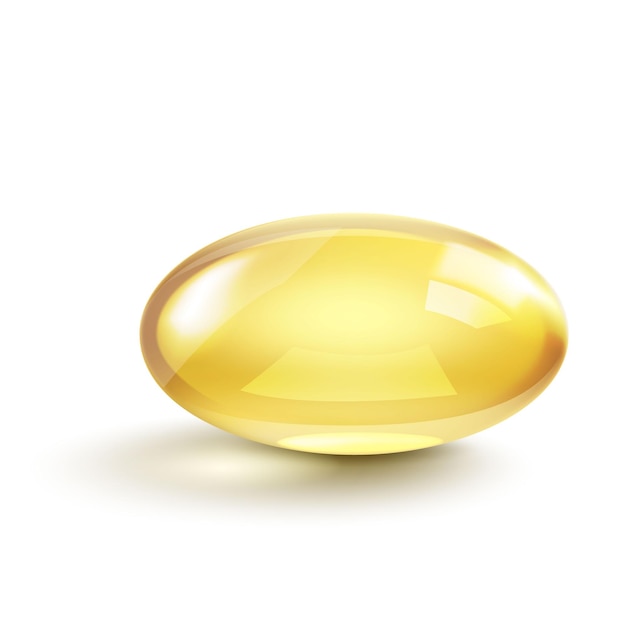 Vektor Echte Fischölkapsel mit Transparenzeffekt und Schatten. Realistische glänzende Medizinpillen mit Goldfischöl oder Omega-3-Vitaminzusatz isoliert auf weißem Hintergrund. 3D-Vektor-Illustration