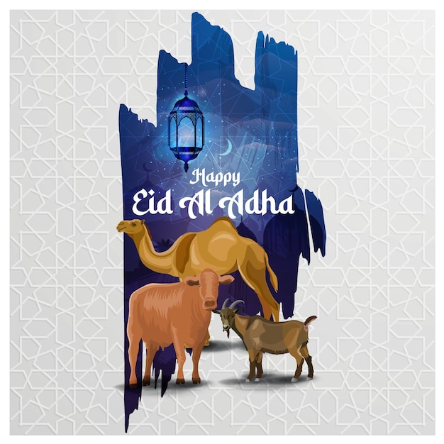 Vektor vektor-eid al-adha-grußplakat mit kamel-kuh-ziegen-moschee-eid-ul-adha-plakatvorlage