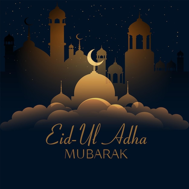 Vektor Eid al Adha Mubarak Hintergrunddesign mit Halbmond und Moschee Premium-Vektor