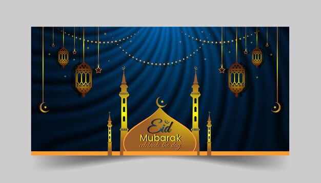 Vektor vektor eid mubarak islamischer hintergrund mit vektorillustration der goldenen laterne und des mondes