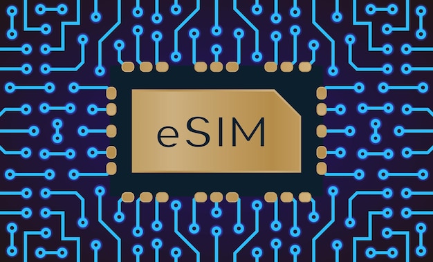 Vektor eingebettete SIM-Karte Konzept eSIM-Karte Chip-Zeichen auf elektrischem Hintergrund Neue mobile Zellularkommunikationstechnologie und 5G-Netzwerk10 eps