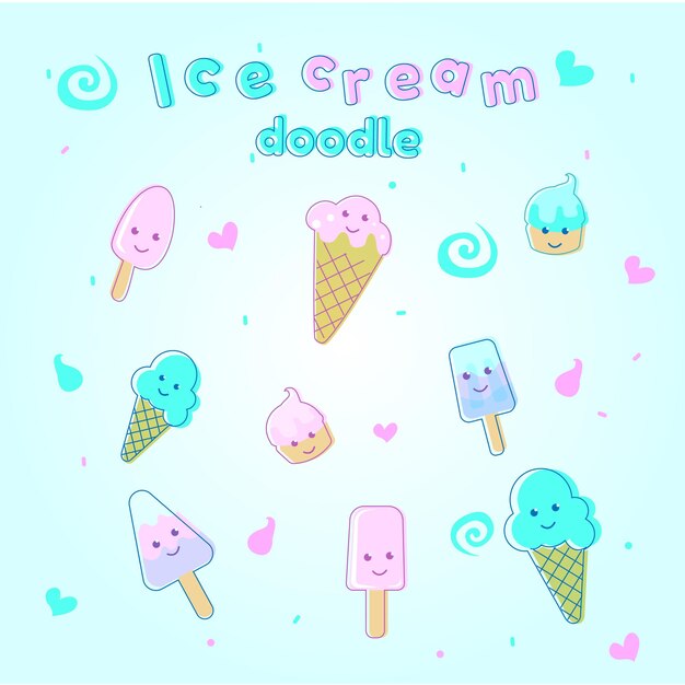 Vektor-eis süße doodle-set-sammlung kawaii