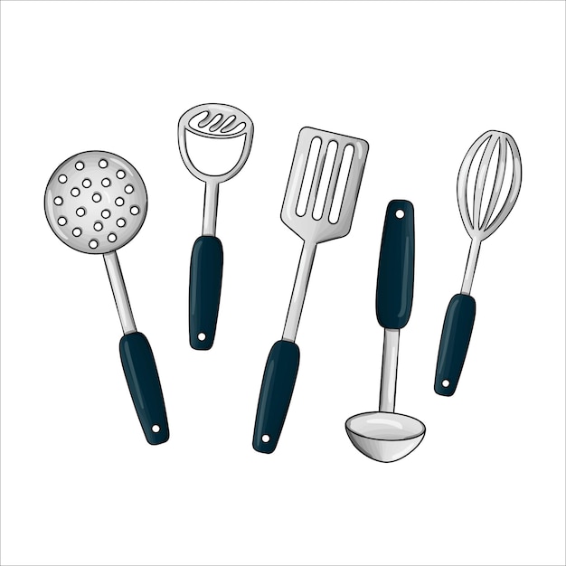 Vektor farbiges geschirr-set. küchenwerkzeugikonen lokalisiert auf weißem hintergrund. kochausrüstung im cartoon-stil. skimmer, kartoffelmusher, schöpfkelle vektor-illustration