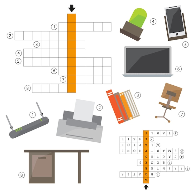 Vektor farbloses kreuzworträtsel, bildungsspiel für kinder über set von bürosymbolen