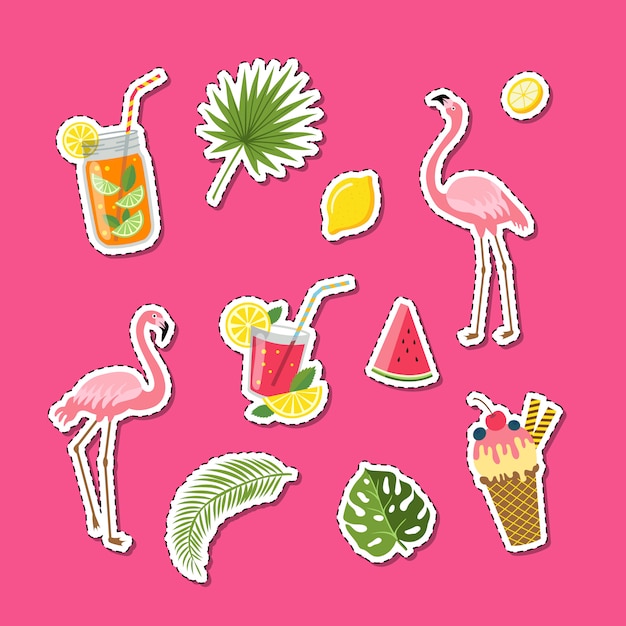 Vektor flach niedlichen sommerelemente, cocktails, flamingo, palmblätter aufkleber set illustration