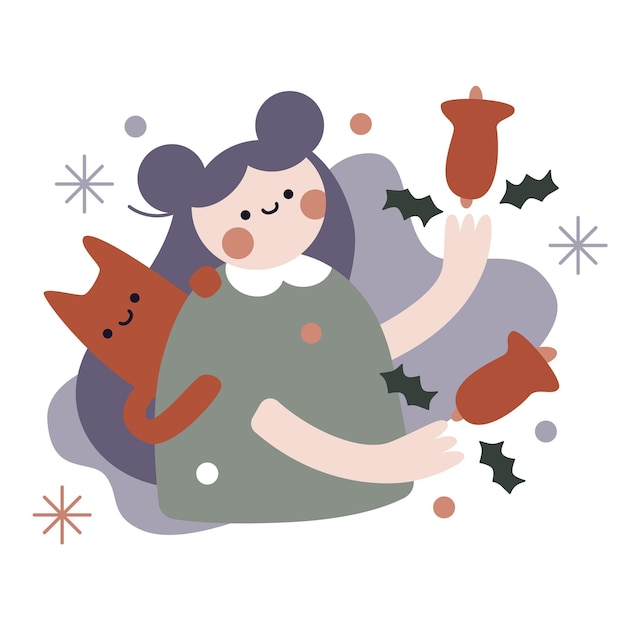 Vektor vektor-flache cartoon-winter-illustration. nettes mädchen läutet weihnachtsglocken mit katze. weihnachten