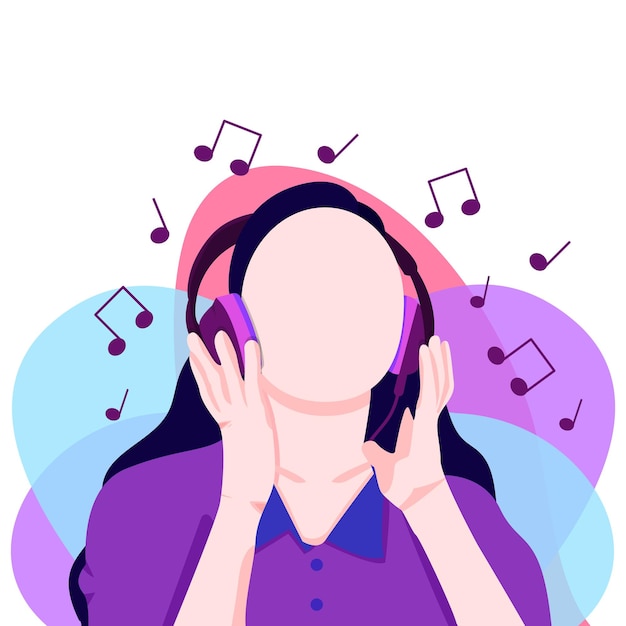 Vektor flache Illustration Mädchen hört Musik über Kopfhörer Flache Charaktervektorillustration