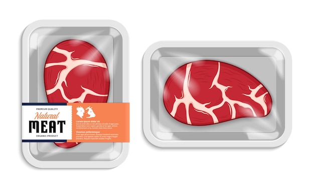 Vektor-Fleischverpackungsillustration Weißes Schaumfleisch mit Plastikfilm-Mockup