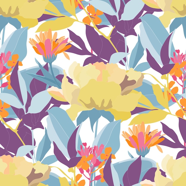 Vektor vektor florales nahtloses muster gelb-orangefarbene blüten, blaue und violette blätter auf weißem hintergrund