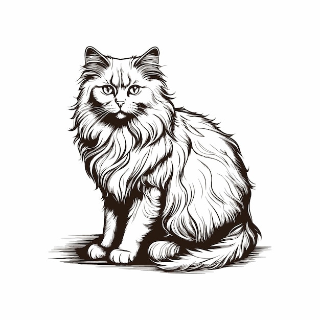 Vektor vektor-fluffy-katte sitzende handgezeichneten skizzen-vektor-illustration haustiere