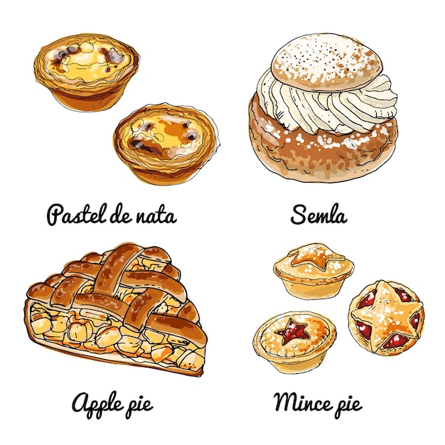 Vektor vektor-food-icons von brötchen farbige skizze von lebensmitteln pastel de nata semla apfelkuchen mince pie