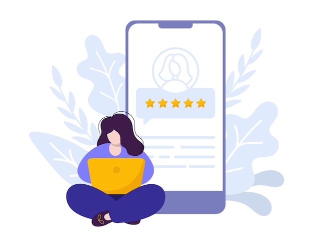 Vektor Frau mit Notizbuch online zufriedener Kunde geben Bewertung 5 Sterne am Telefon Flache Menschen Feedback Illustration