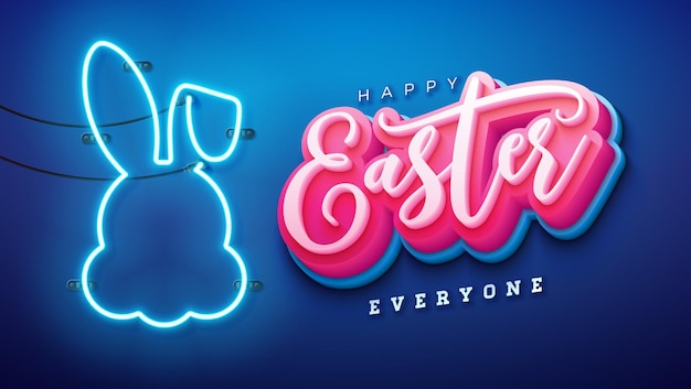 Vektor frohe ostern illustration mit leuchtendem neonlicht und 3d-typografie-buchstaben auf blauem hintergrund