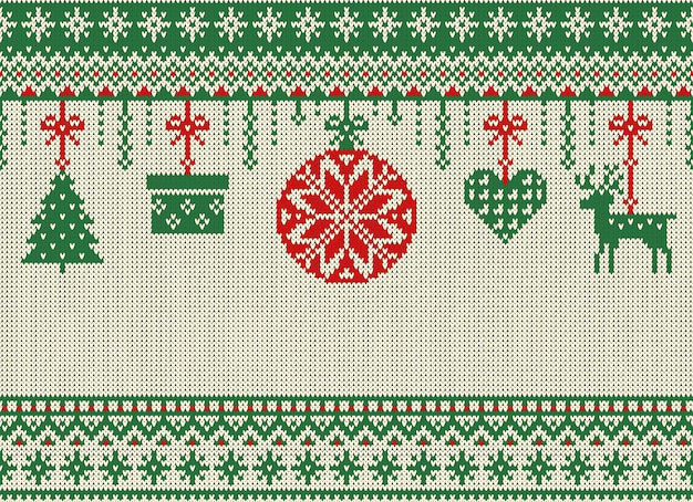 Vektor frohe weihnachten und neujahr strickmuster mit weihnachtskugeln, schneeflocken und tanne