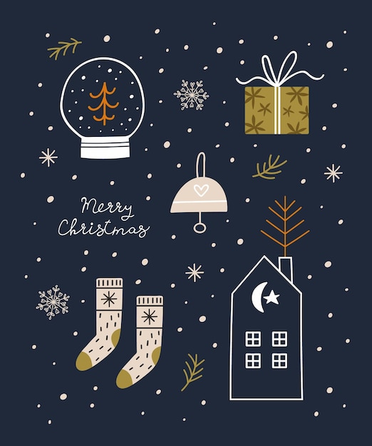 Vektor-frohe-weihnachts-grußkarte mit kritzeleien und handgezeichneten schriftzügen
