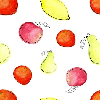 Vektor fruchtnahtlose mustermischung aus orangefarbenen birnen-apfel-zitronen-früchten aquarell