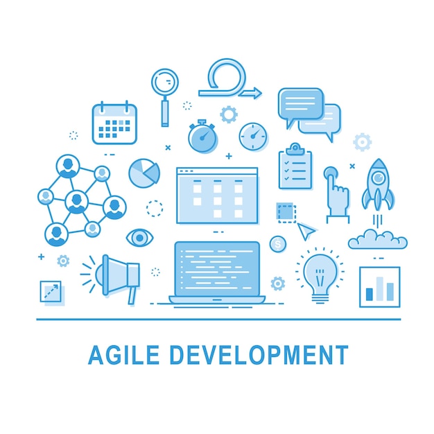 Vektor für agile entwicklung konzeptillustration mit symbolen mit dünnem liniendesign-symbolsatz für produktionsmanagement symbolsammlung für infografik