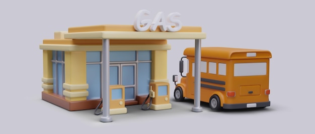 Vektor-gasstationswerbung im cartoon-stil gelbe bus-hinteransicht