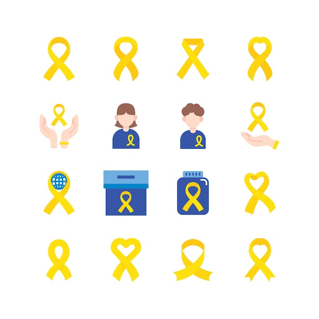 Vektor gelbes Band Kreuz Sarkom Krebs Tag Symbol flache Symbole gesetzt Konzeptidee für das Bewusstsein für menschliche Krebserkrankungen