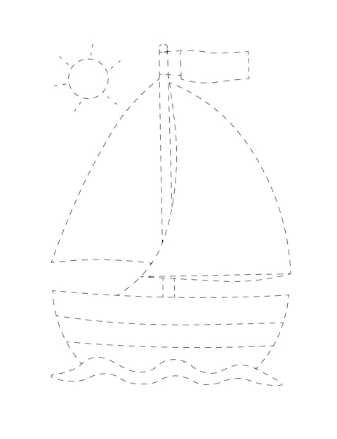 Vektor vektor-gepunktetes bootsverfolgungslinien-vorschularbeitsblatt für kinder zum üben der feinmotorik
