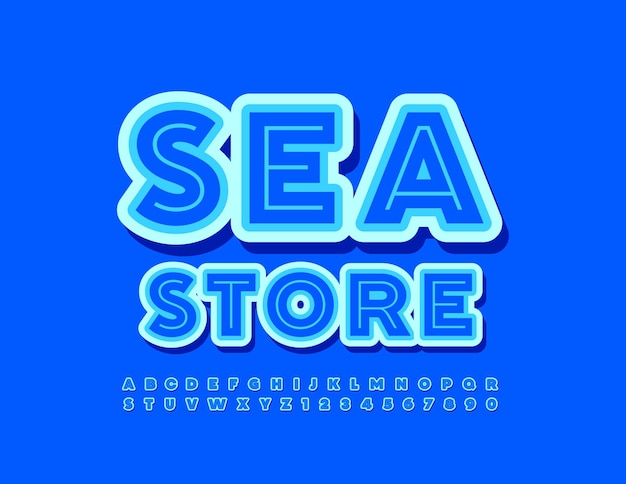 Vektor-geschäftszeichen sea store bold blue font modernes set aus buchstaben und zahlen des alphabets