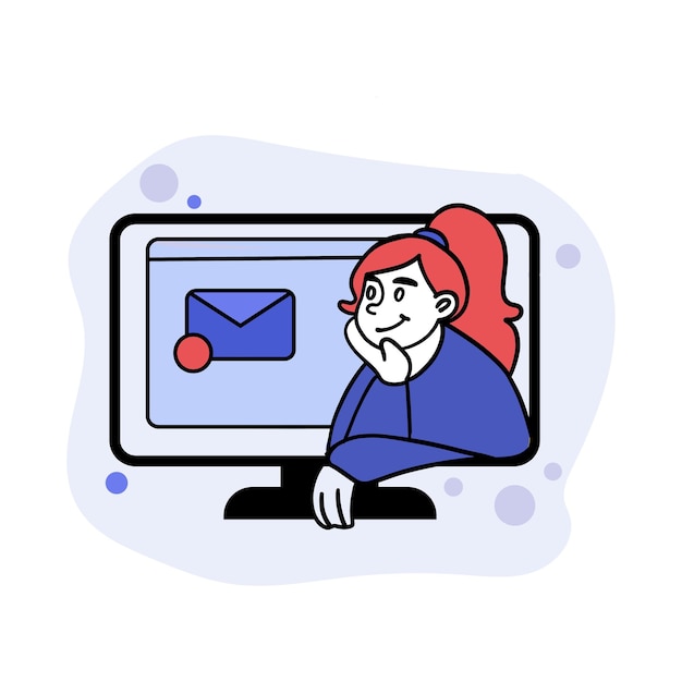 Vektor gezeichnete Illustration von Mädchen mit E-Mail Computer Frau Briefumschlag Nachricht SMS Management eingehende Geschäftskontakte Mail Kommunikationskonzept Blaue und rosa Pastellfarben