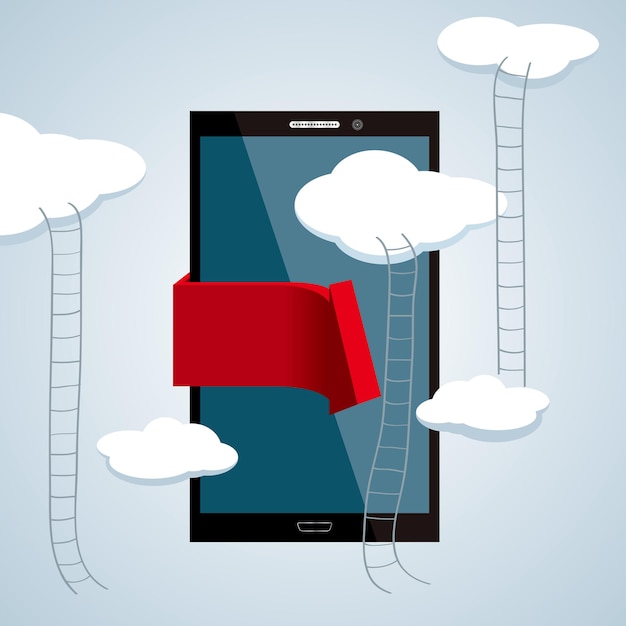 Vektor gezeichnetes Mobiltelefon. Cloud-Computing-Konzept.