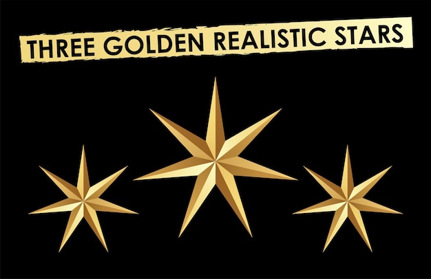 Vektor vektor golden 3d isoliert drei sterne auf schwarzem hintergrund. drei goldene realistische sterne. qualität.