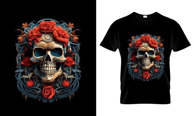 Vektor goldener Totenkopf in roten und blauen Blumen Gefahr schwarzes T-Shirt-Design druckfertig