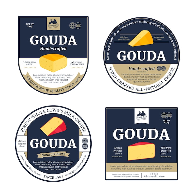 Vektor-gouda-käse-etiketten und verpackungsdesignelemente