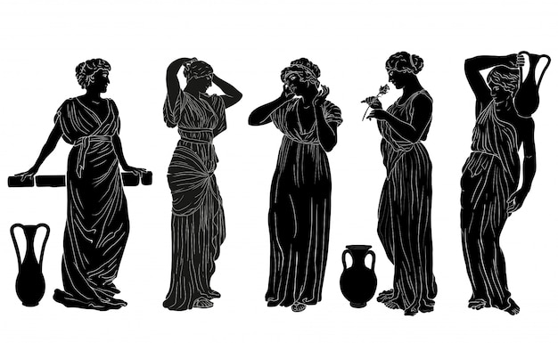 Vektor griechische frauen. die figur einer jungen schlanken frau in einer tunika im antiken griechischen stil.