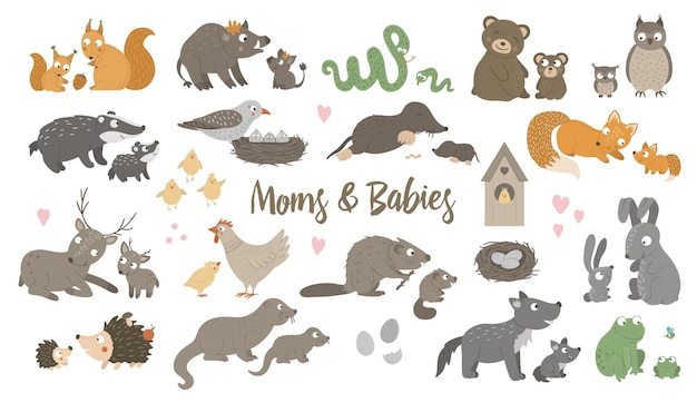 Vektor große reihe von handgezeichneten flachen tierbabys mit eltern lustige waldtierszene mit familienliebe niedliche waldanimalische illustration für muttertag designxa