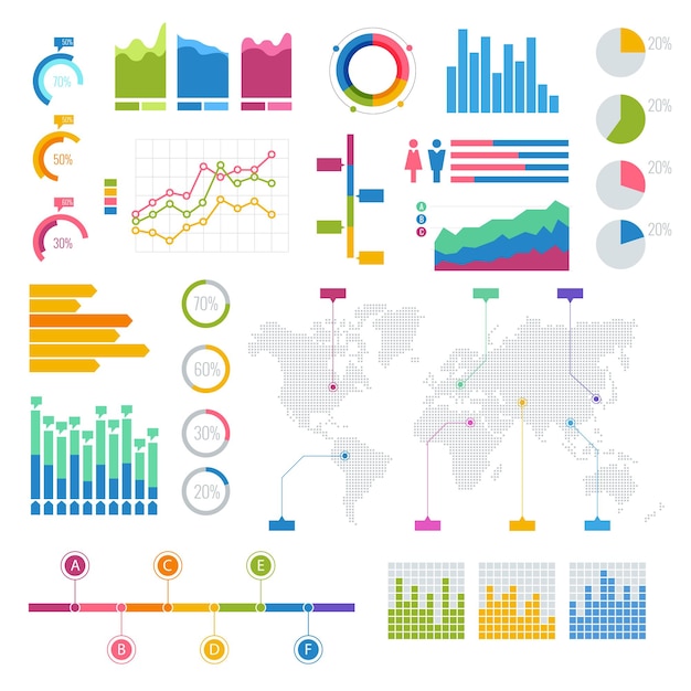 Vektor Große Reihe von Infografik-Elementen Grafiken bunt für die Anzeige weißer Poster Rund, dreieckig, steigend, fallend und mit Prozentdiagrammen, die den Geschäftsfortschritt und die Regression zeigen.