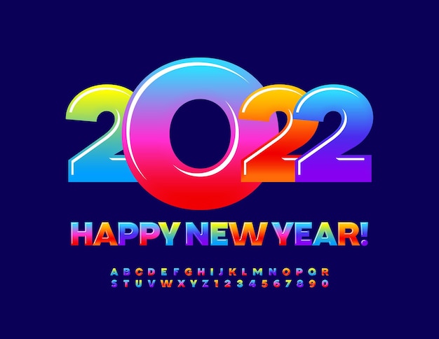 Vektor-Grußkarte Frohes neues Jahr 2022 Bunte Farbverlauf Schriftart Süße Alphabet Buchstaben und Zahlen