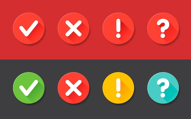 Vektor häkchen ausrufezeichen, fragezeichen symbole gesetzt. flache symbole für web- und mobile anwendungen. kreis flaches design mit schatten.
