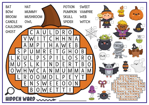 Vektor vektor-halloween-kürbisförmiges wortsuchrätsel für kinder herbstferien-quiz für kinder lernaktivität mit kawaii-symbolen süßes allerheiligen-kreuzworträtsel in englischer sprache