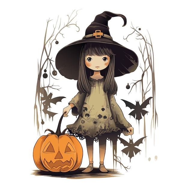 Vektor-Halloween-Mädchen mit Kürbissen, eine Hexe mit Hut, ein Zauberermädchen mit Kürbislaterne, Vektorillustration auf weißem Hintergrund