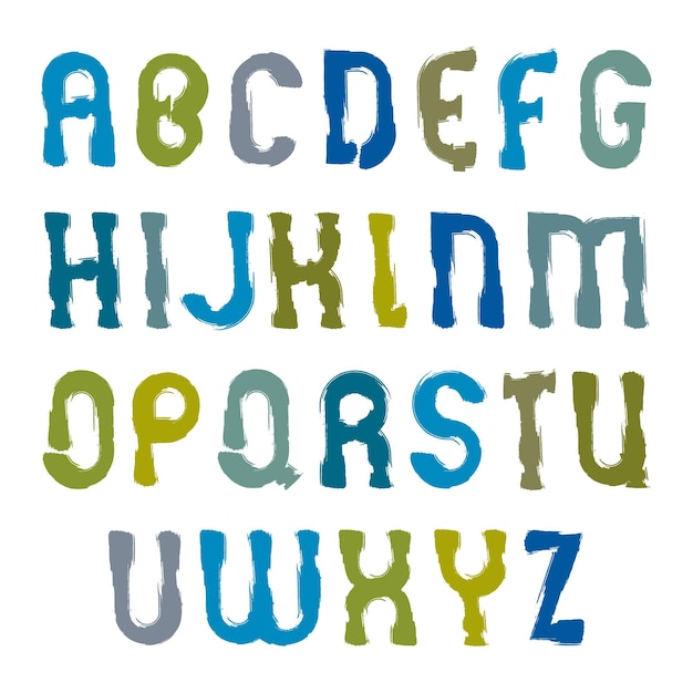 Vektor-Handgemalte farbenfrohe Buchstaben, isoliert auf weißem Hintergrund, Großbuchstaben mit Pinselstrichen, Cartoon-Alphabet.