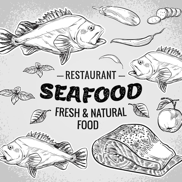 Vektor handgezeichnete meeresfrüchte-restaurant-illustration. vintage-stil. retro-skizze-hintergrund. schablone