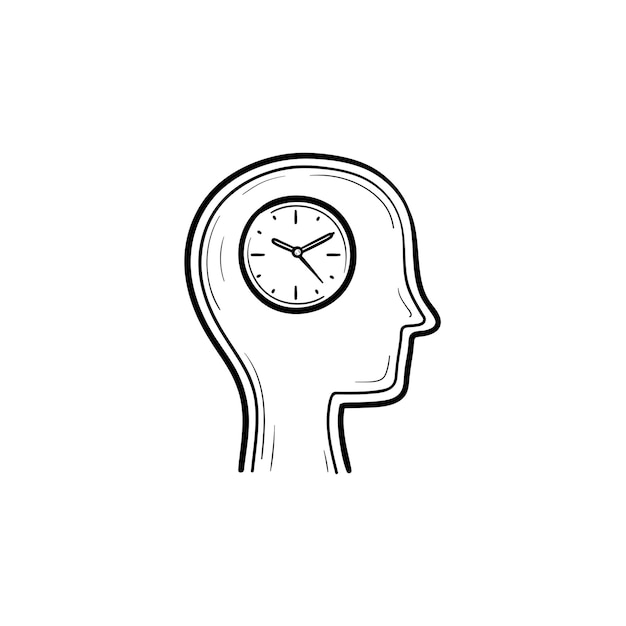 Vektor handgezeichnete uhr im kopf-umriss-doodle-symbol. mensch mit der uhr in der kopfskizzenillustration für print, web, mobile und infografiken isoliert auf weißem hintergrund.