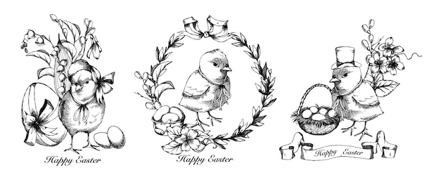 Vektor Handgezeichnete Vintage Ester Set Retro-Osterillustrationen Hühner und Eier Königlicher Jahrgang