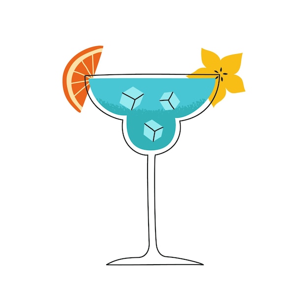 Vektor handgezeichneter cocktail blaue lagune tropischer sommercocktail mit eis und scheiben früchten