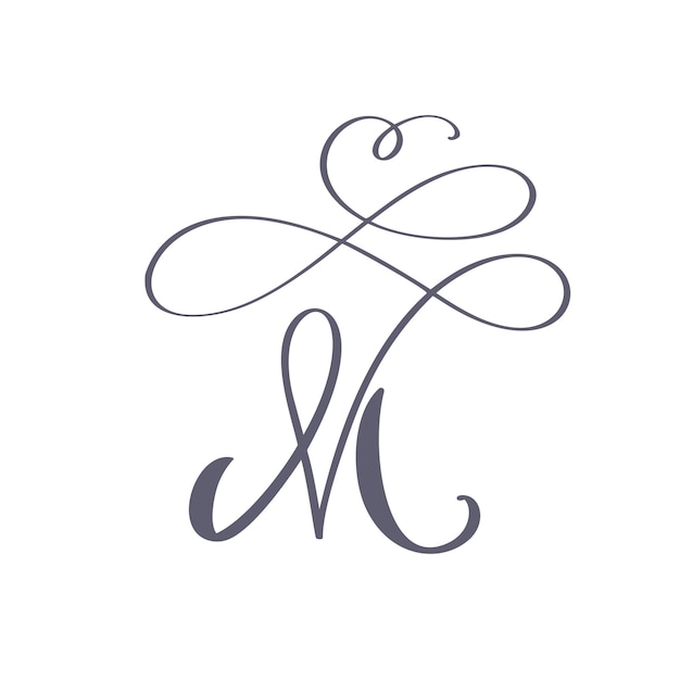 Vektor vektor handgezeichnetes kalligraphisches blumen-m-monogramm oder logo großbuchstaben-handschrift buchstabe m wirbelt
