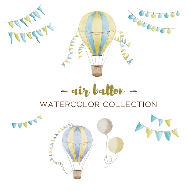 Vektor vektor-heißluftballon-designs in verschiedenen aquarellstilen für grafikdesigns und karten