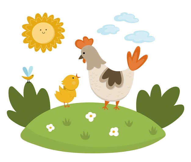 Vektor-henne mit baby-huhn auf dem rasen unter der sonne cute cartoon-familien-szene-illustration für kinder bauernhof-vögel auf natur-hintergrund bunte mutter und baby-tier-bild für childrenxa