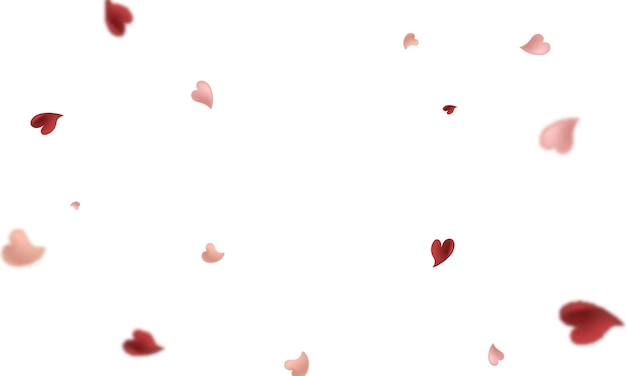 Vektor-herz-konfetti-hintergrund, der von oben fällt, rosa und rote liebespartikel, verschwommenes blütenblatt