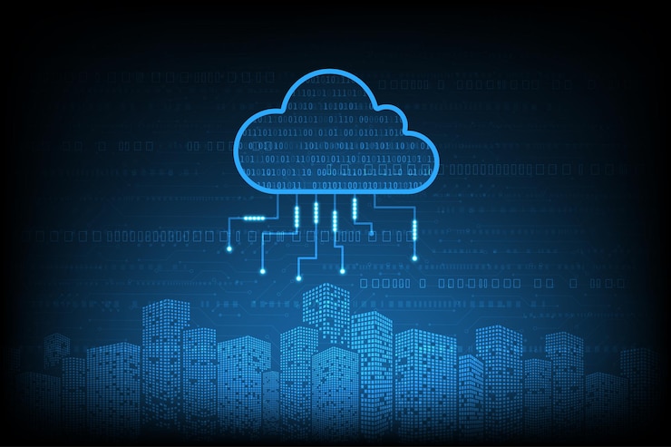 Vektor vektor-high-tech-technologie-speicher mit cloud-konzept. netzwerk und kommunikation in einem digitalen abstract