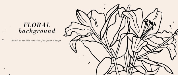 Vektor-hintergrund oder banner mit tinte, skizze, lilienblumen und typographie-vorlage web-wallpapier lineare blumenkunst mit botanischen illustrationen